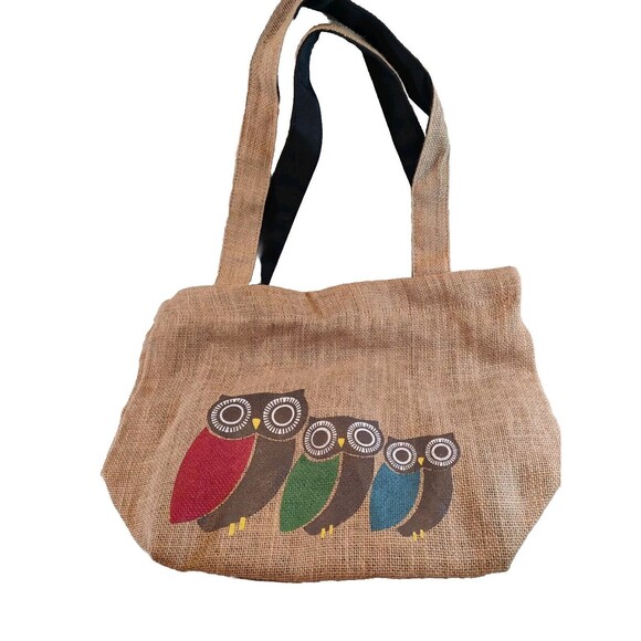Freeset Tan Burlap Small Tote Bag w/ Cute Colorful Owl Appliques, Gift Bag - Picture 1 of 8